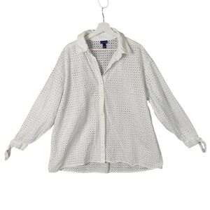 Scoop Eyelet Button-Up Top Tie-Sleeve Blouse White Casual Womens Size XXL Resort
